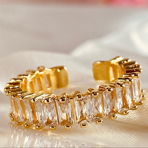 18K Iced Yellow Gold Diamond CZ Baguette Cut Open Ring Design - Picture 3 of 14